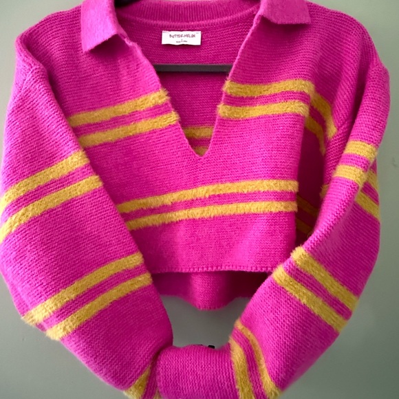 Vibrant Pink V-Neck Sweater with Yellow Stripes - Picture 6 of 7